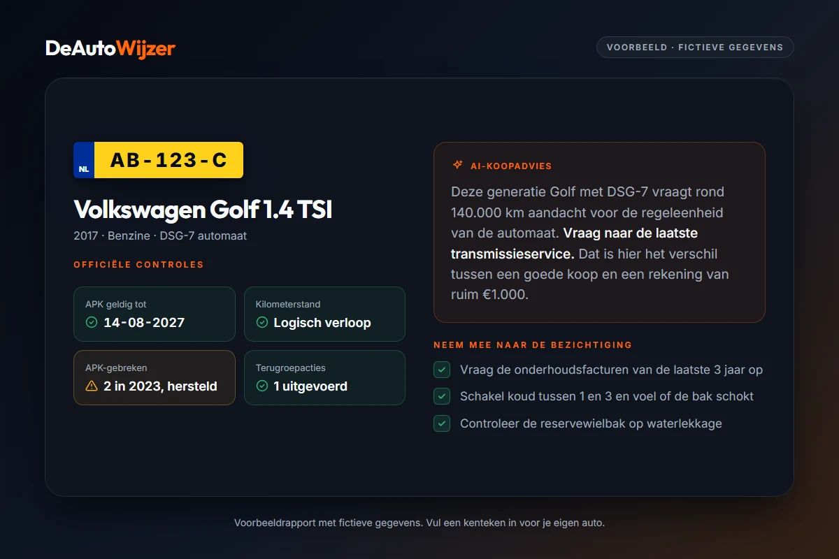 Voorbeeldrapport van DeAutoWijzer voor een Volkswagen Golf 1.4 TSI met APK, kilometerstand, APK-gebreken en terugroepacties, het AI-koopadvies en een checklist voor de bezichtiging